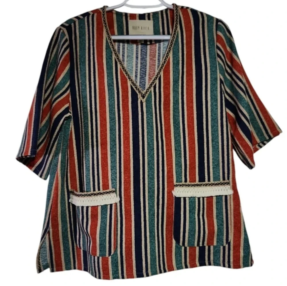 Moon River Striped Tunic Top S Boho Festival V Neck Pocket Blouse - Picture 2 of 7
